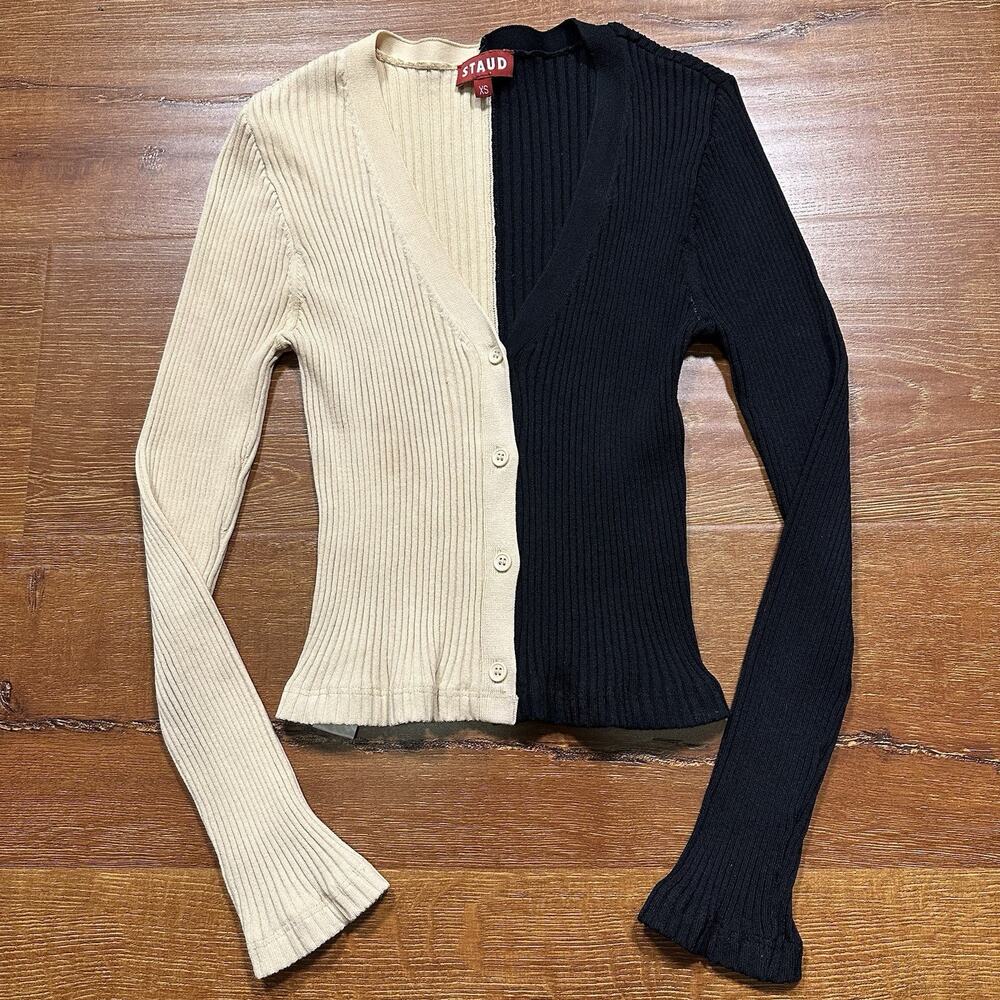 Staud Ribbed Knit Cardigan Womens XS Beige Black Two Tone Fitted Athletic Y2K